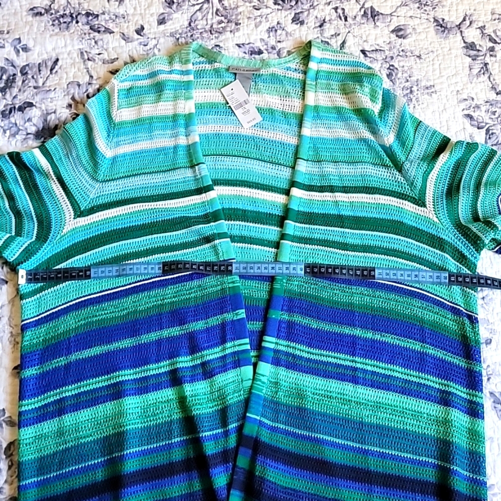 NWT Catherines 2X Open Front Cardigan Blue Green Striped Lightweight - Picture 9 of 12